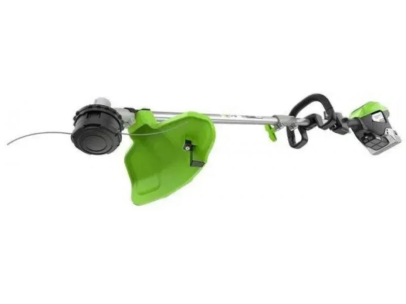 Greenworks ST161S боковой профиль — прямая штанга, верхний двигатель и рабочая головка с леской