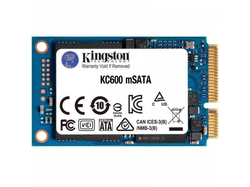 Kingston KC600 mSATA 256 ГБ — вид сверху, синяя PCB с золотыми контактами и логотипом Kingston