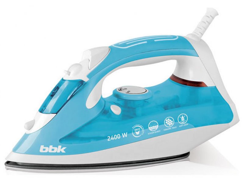 BBK ISE-2400 утюг бирюзовый с керамической подошвой и паровым ударом 140 г/мин
