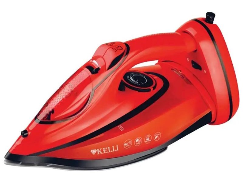 Kelli KL-1650 красный утюг с керамической подошвой — вид сбоку, отверстия для пара и кнопки управления