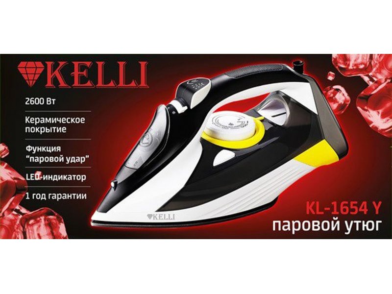 Kelli KL-1654 упаковка — характеристики 2600 Вт, керамическое покрытие, паровой удар, гарантия 1 год