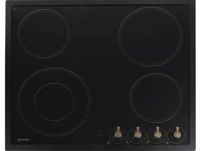 Gorenje EC642CLB глянцевая чёрная поверхность в выключенном состоянии — контуры конфорок, ручки управления