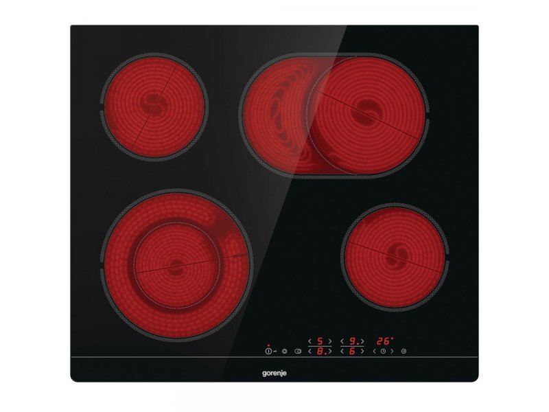Gorenje ECT643SYB в работе — четыре конфорки Hi-Light горят красным, дисплей отображает уровни мощности