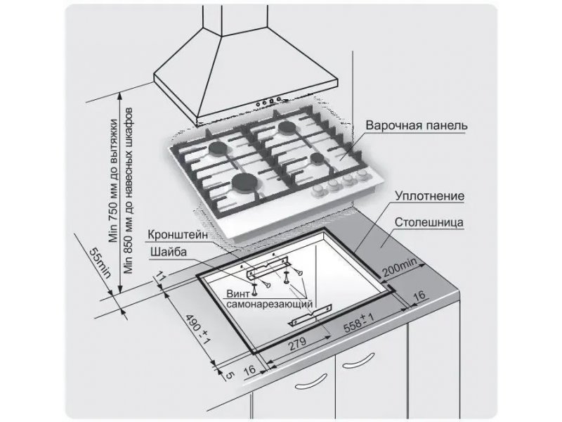 Gefest PVG 1214-01 K55 схема установки — размеры выреза в столешнице 558×490 мм, высота панели 9.5 см, вид сбоку