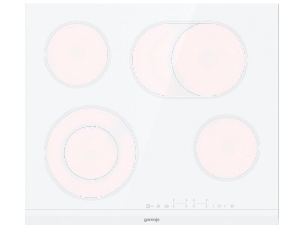 Gorenje ECT 643 WCSC вид сверху — четыре конфорки разного размера и сенсорная панель управления