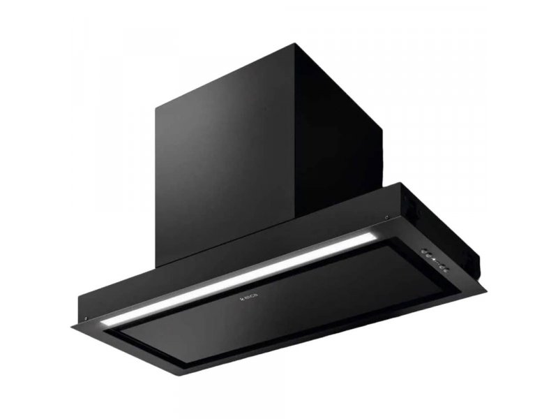Elica Hidden 2.0 BL MAT/A/72 — встраиваемая вытяжка в черном матовом исполнении, вид в 3/4, LED-подсветка вдоль панели