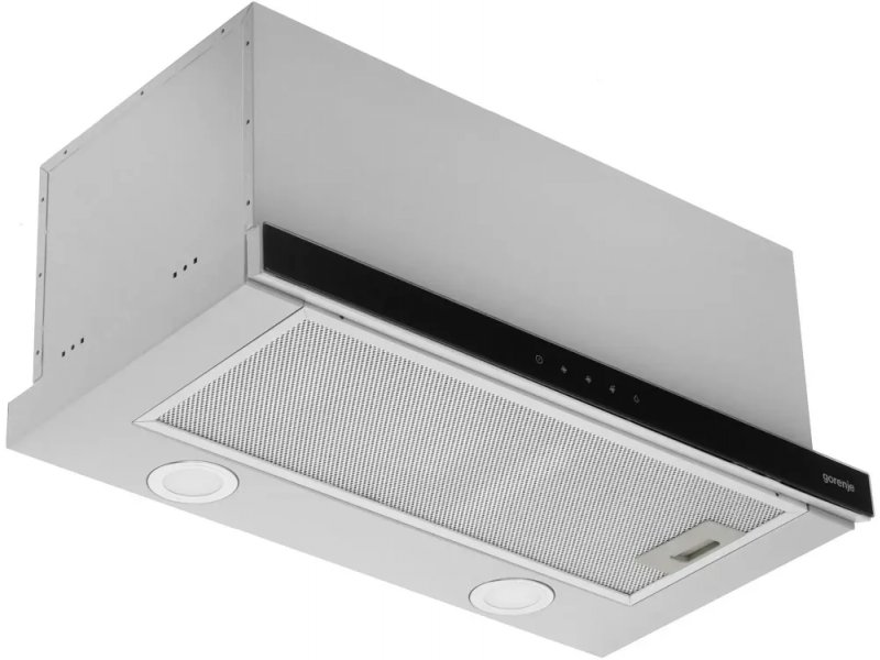 Gorenje TH60E8SGB — вид снизу, выдвижной козырёк и жиропоглощающий фильтр