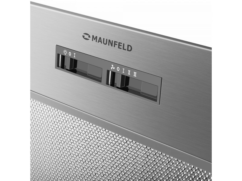 Maunfeld Crosby Light 70 &mdash; крупный план ползункового управления скоростями вентилятора на передней панели, металлическая сетка фильтра