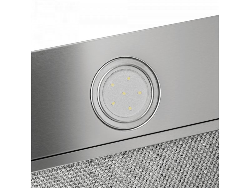 Maunfeld Crosby Light 70 &mdash; встроенная светодиодная лампа с тёплым свечением, металлический ободок на стальной панели вытяжки