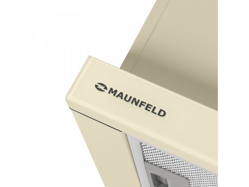 Maunfeld VS Fast Glass 60 — логотип MAUNFELD на бежевой передней панели вытяжки