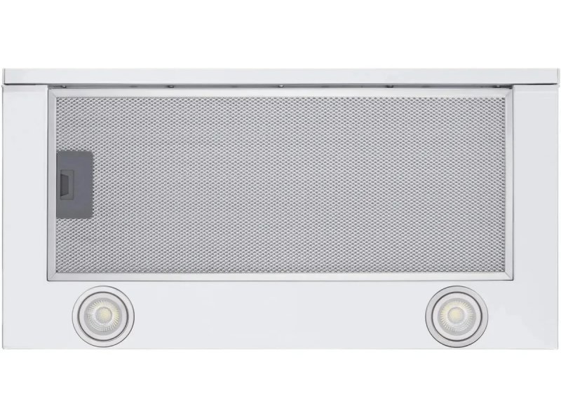 Meferi Glass Ultra SlideBox60WH &mdash; вид снизу, металлическая сетка жиропоглощающего фильтра и два светодиодных светильника