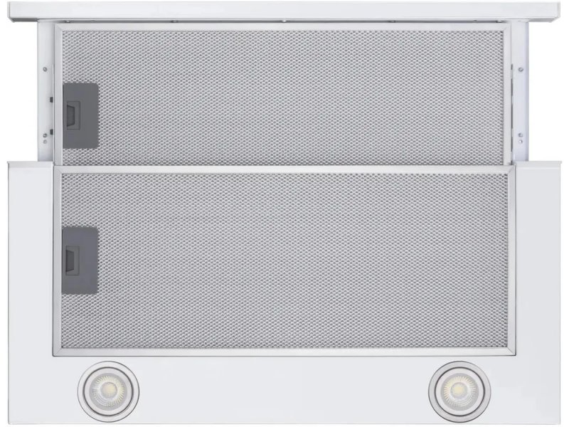 Meferi Glass Ultra SlideBox60WH &mdash; вид сверху с выдвинутой панелью, жиропоглощающая сетка и две светодиодные лампы