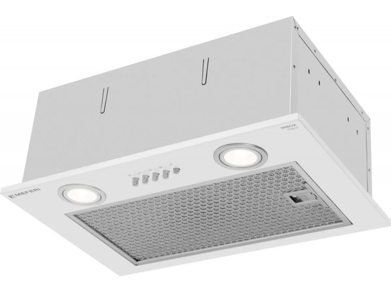 Meferi Power Inbox45WH белая встраиваемая вытяжка 45 см &mdash; вид в три четверти, жировой фильтр и кнопки управления