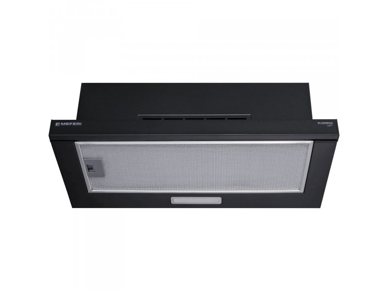 Meferi Light SlideBox60BK боковой вид с логотипом Meferi &mdash; тонкий чёрный корпус 15,7 см высотой, выдвижная система