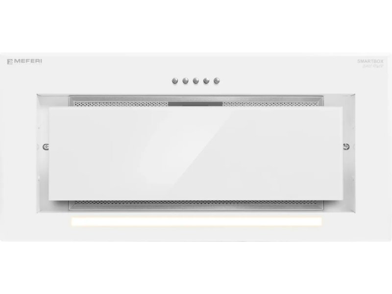 Meferi Power SmartBox60WH Glass — открытый стеклянный фильтр, видны органы управления и жироулавливающий элемент