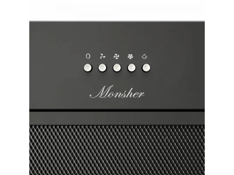 Monsher High-Tech Amie 60 панель управления крупным планом — пять кнопок с иконками режимов, логотип Monsher, сетчатый фильтр