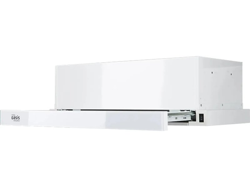 Oasis UV-60WG F боковой вид выдвижная панель частично открыта механизм управления встраиваемая вытяжка