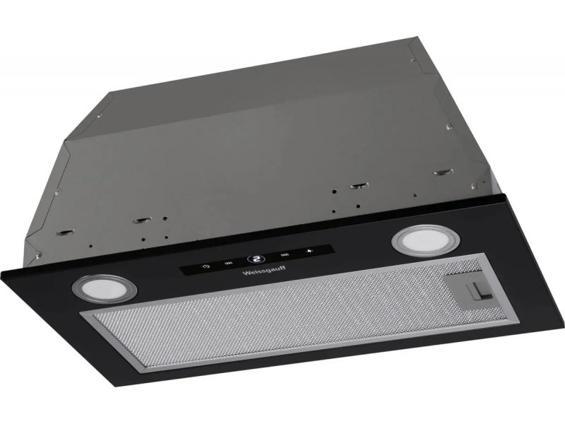 Weissgauff Box 1200 BL встраиваемая вытяжка чёрная — общий вид с металлическим жировым фильтром и двумя LED-лампами