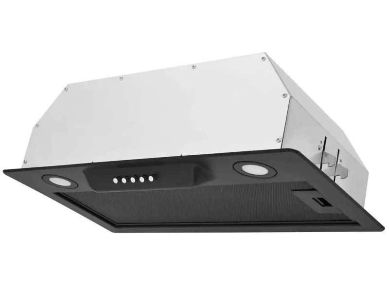 Zugel ZHI521B встраиваемая вытяжка чёрная — общий вид с боку, две встроенные LED-лампы, крепления для монтажа в мебель