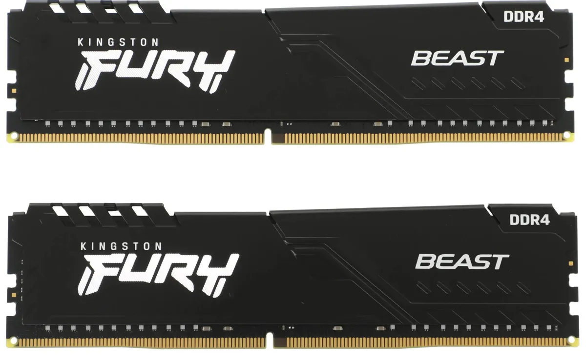 Kingston KF432C16BBK2/64 Fury Beast DDR4 два модуля вид сверху чёрный радиатор золотистые контакты