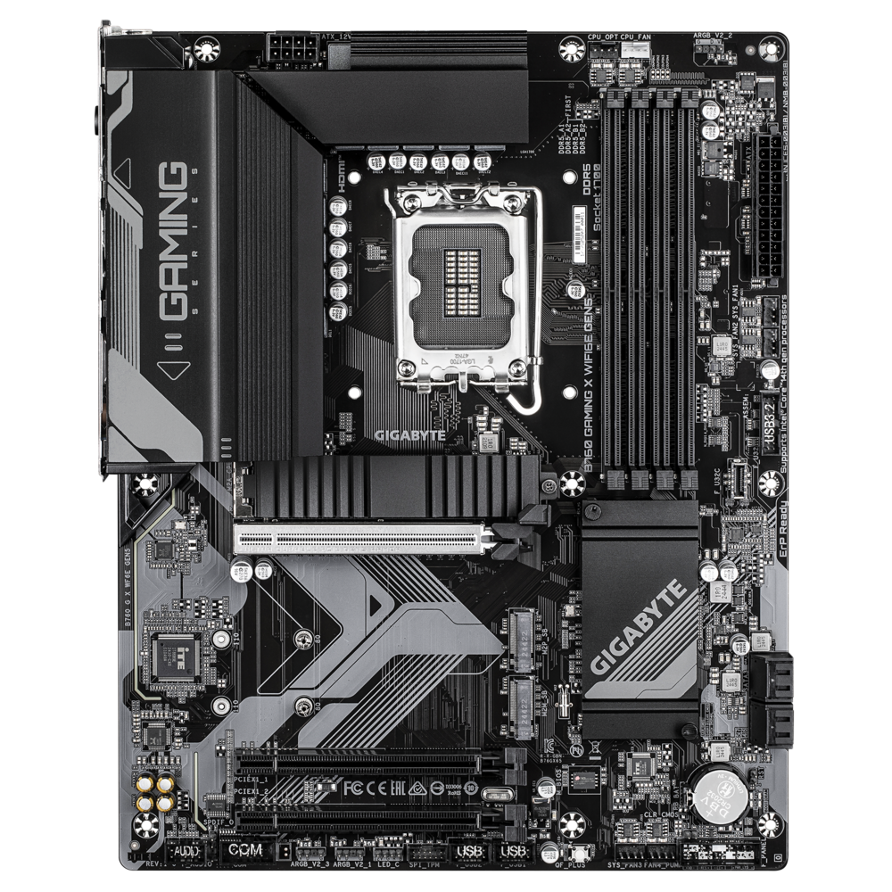 GIGABYTE B760 Gaming X WiFi6E Gen5 вид сверху — сокет LGA1700, слоты DDR5, разводка VRM