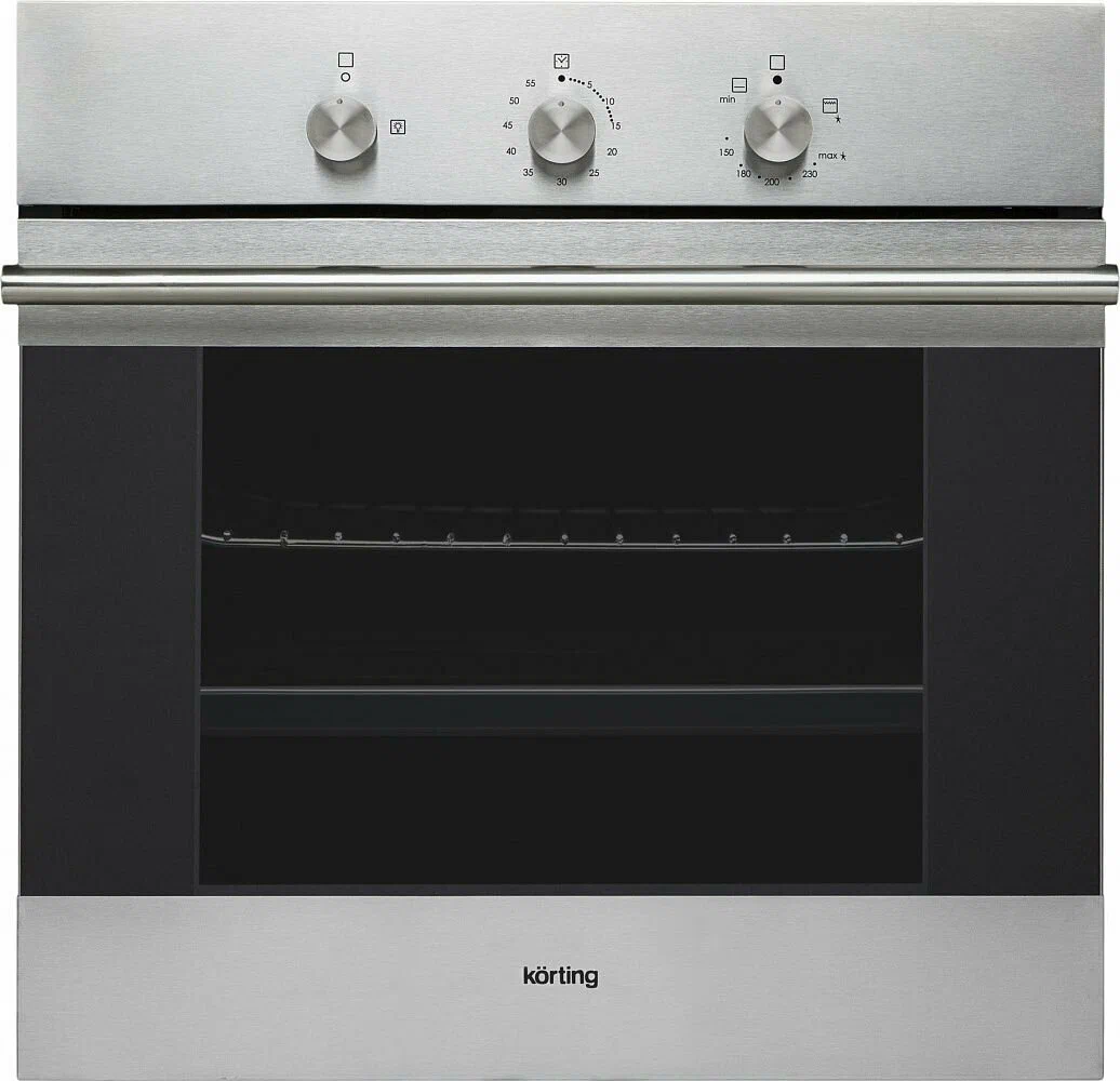 Korting OGG541CFX встраиваемый газовый духовой шкаф — вид спереди, стальная панель и чёрная дверца
