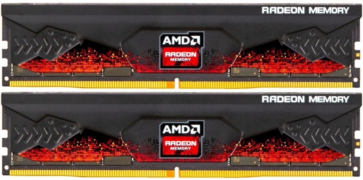 AMD Radeon R5 R5S532G5600U1K два модуля DDR5 32 ГБ с чёрным радиатором и красной подсветкой