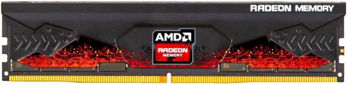 AMD Radeon R5 DDR5 16 ГБ модуль крупный план чёрный радиатор золотые контакты 5600 МГц