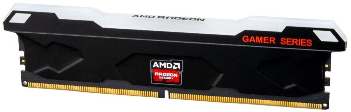 AMD Entertainment Black R5532G4800U2S-RGB вид сбоку — чёрный радиатор, золотистые контакты, логотип AMD Radeon Memory