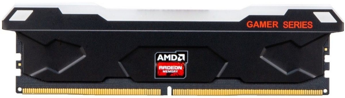 AMD Entertainment Black R5532G4800U2S-RGB вид сверху — DDR5 модуль с чёрным корпусом, белой полосой и RGB-подсветкой