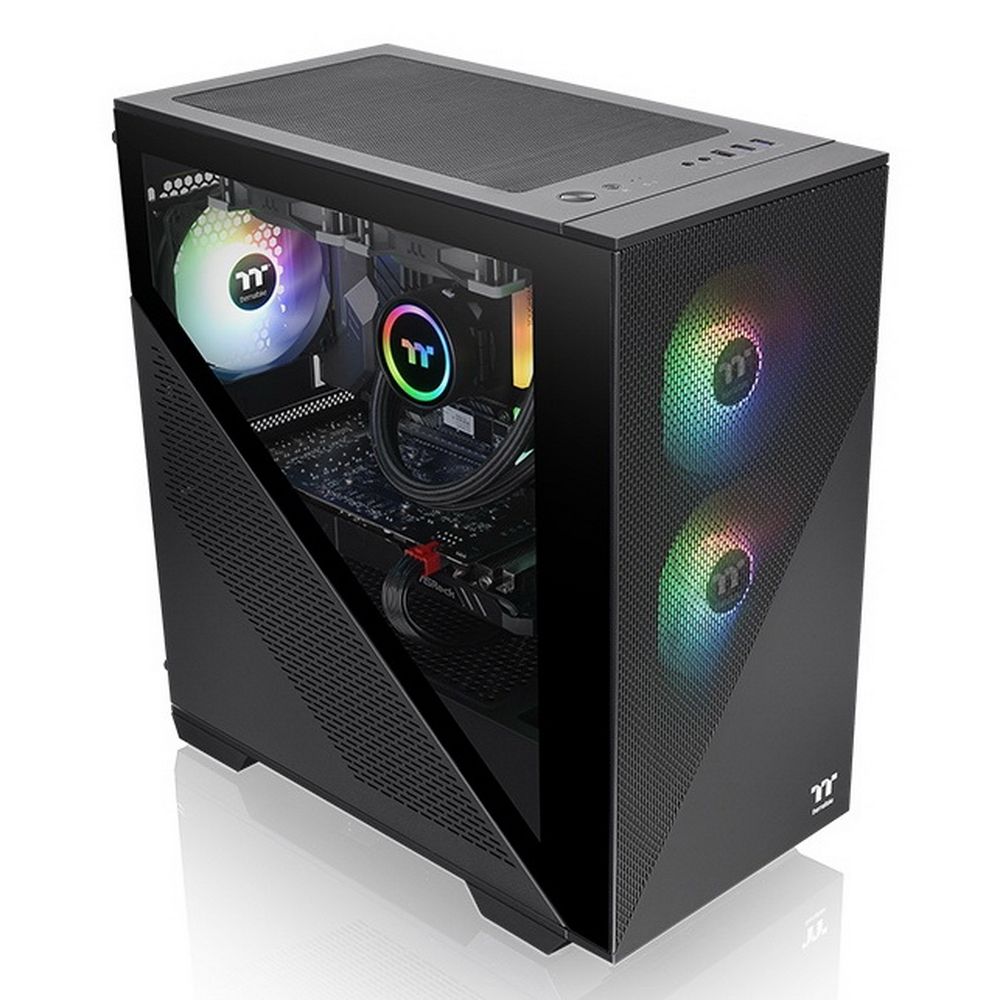 Thermaltake Divider 170 TG ARGB вид спереди под углом — ARGB-вентиляторы, верхняя панель с кнопками управления