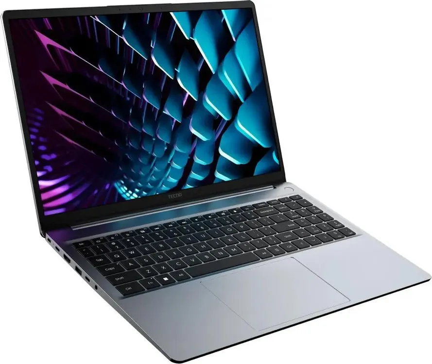 Tecno MegaBook K16SDA вид спереди открытый экран с динамичным контентом