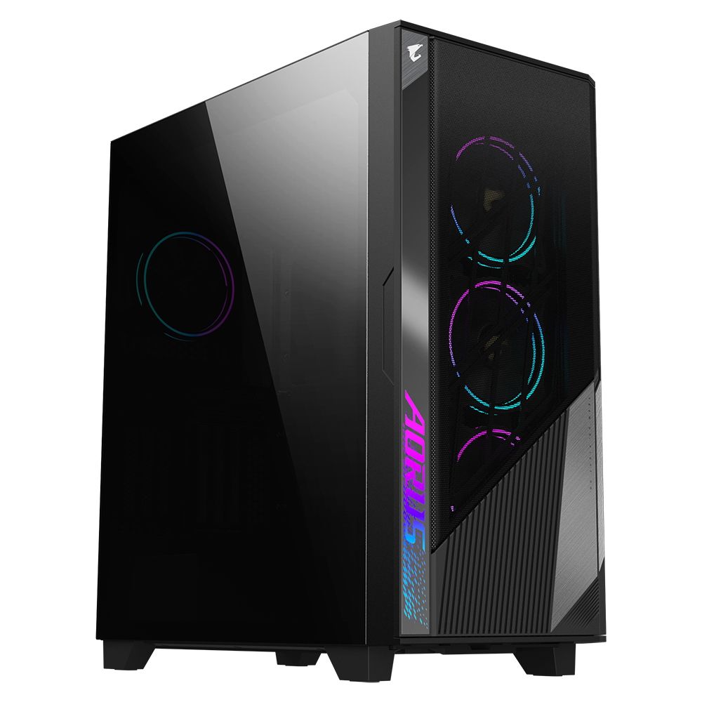 GIGABYTE AORUS C500 GLASS вид спереди с RGB-подсветкой вентиляторов