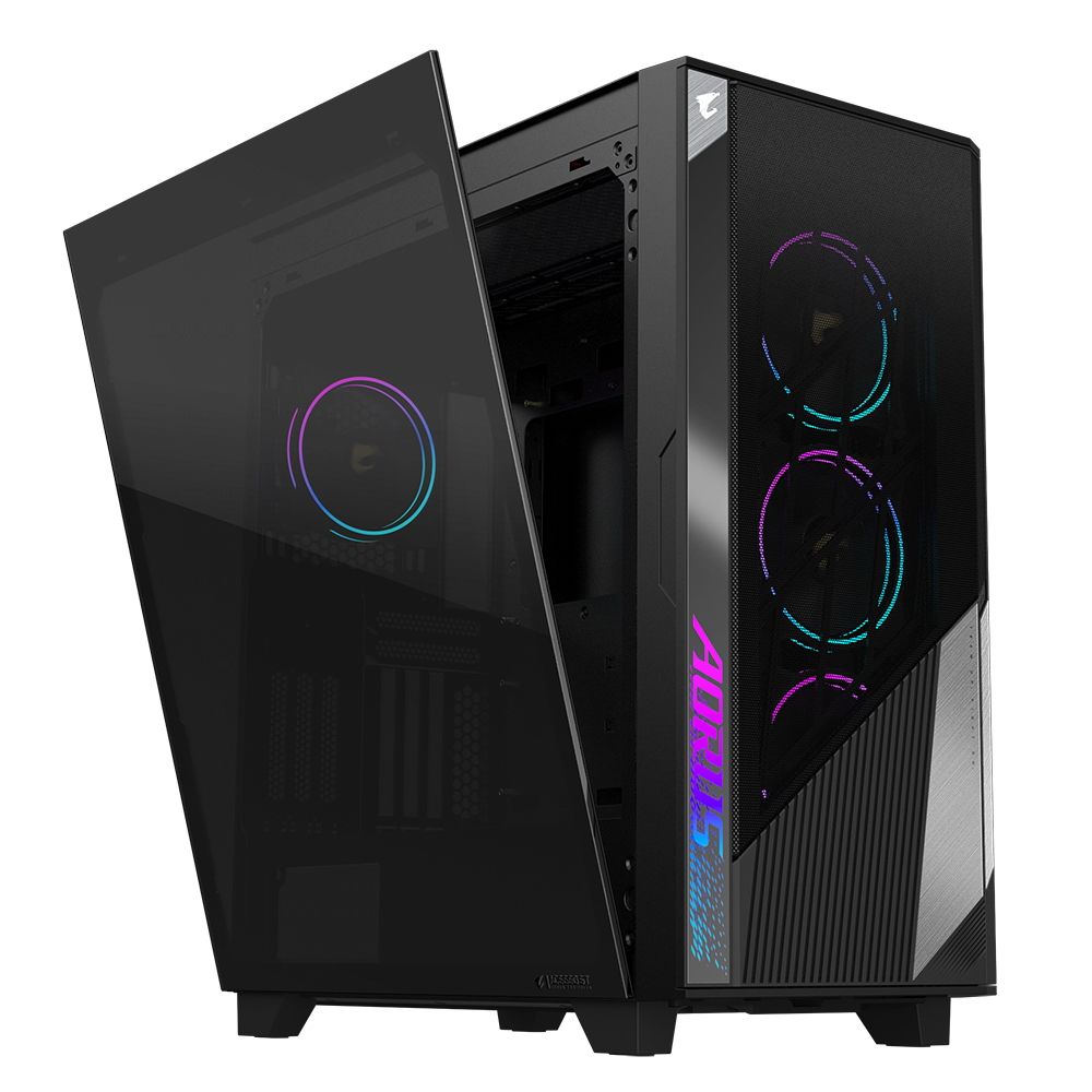 GIGABYTE AORUS C500 GLASS открытая левая панель — внутреннее пространство и RGB-вентиляторы