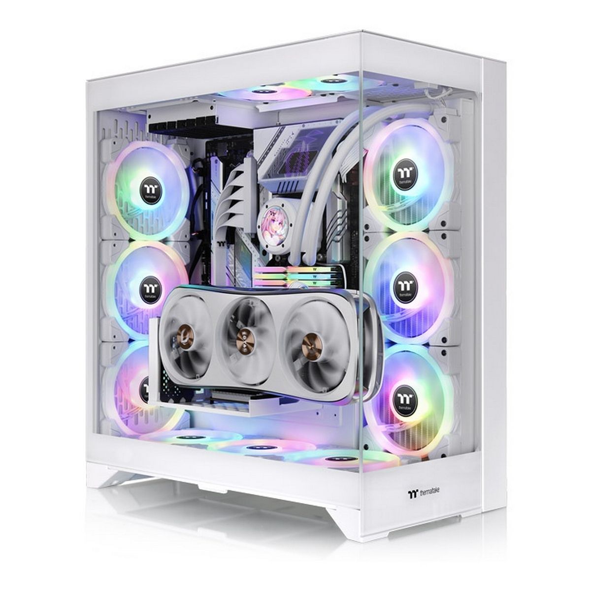 Thermaltake CTE E600 MX Snow вид спереди с RGB-подсветкой вентиляторов и AIO СЖО