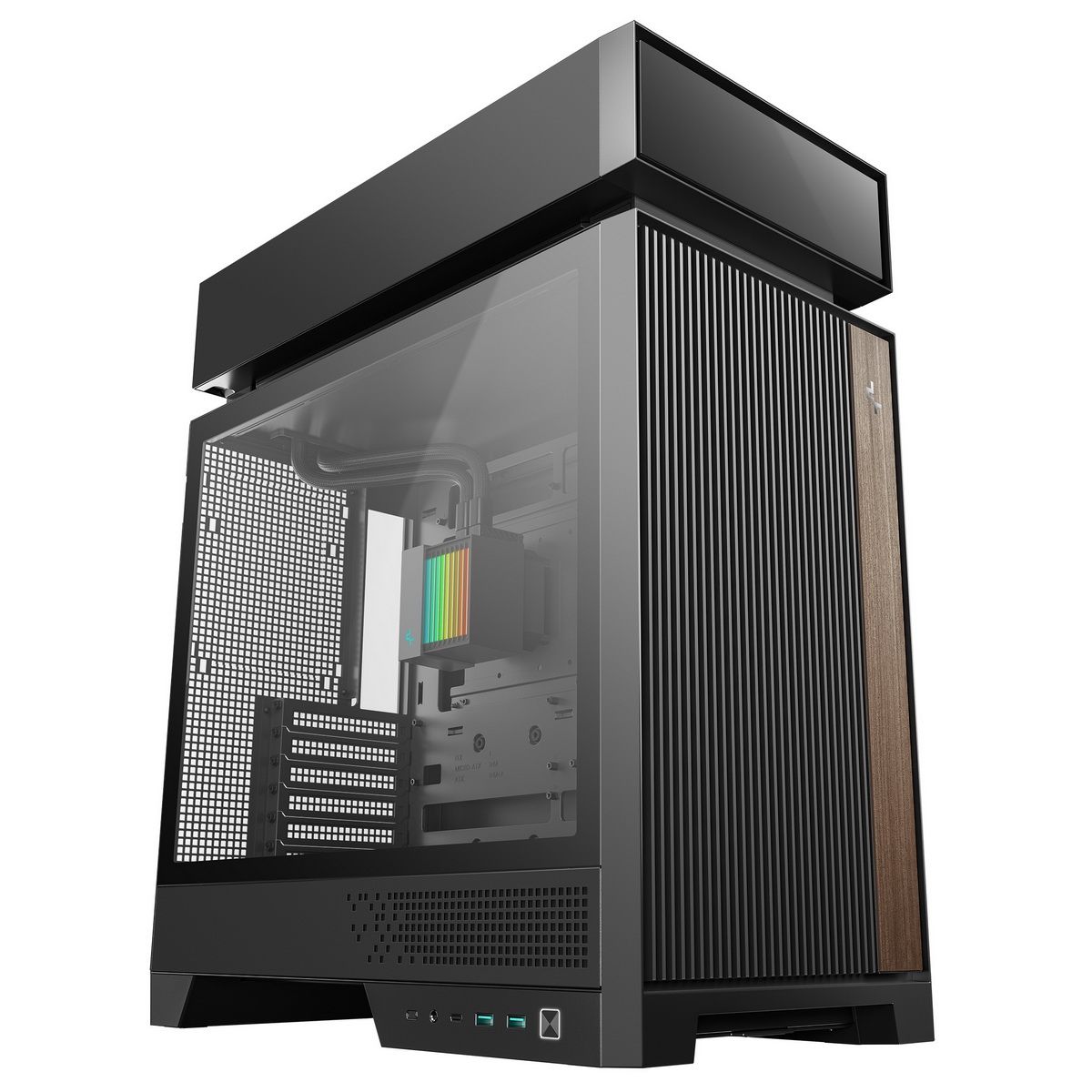 Deepcool CL6600 вид спереди с открытой боковой панелью и RGB подсветкой внутри