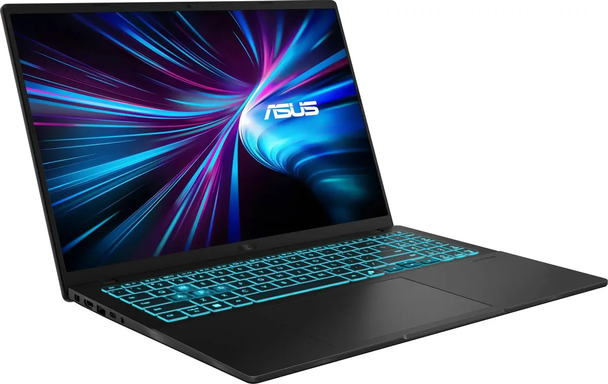 ASUS V16 V3607VM вид сбоку с портами и подсветкой клавиатуры