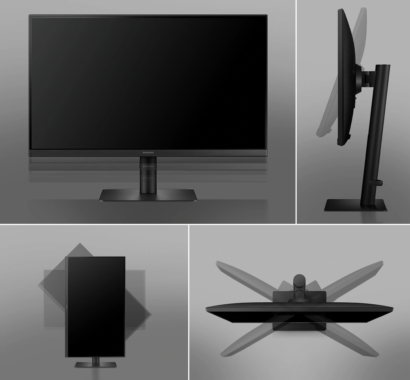 It shows the S40UA's bezel, angle and height adjustment functions, respectively, and a clip for cable management.