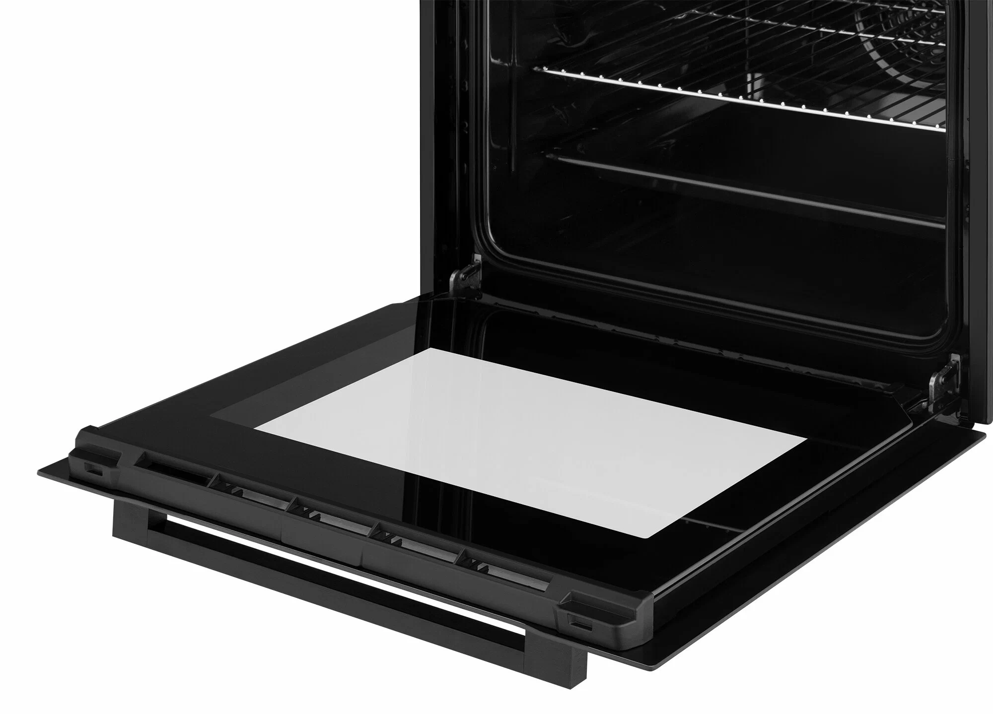 Samsung NV7B4120ZAS/WT открытая духовка — вид изнутри, решётка и противень на телескопических направляющих