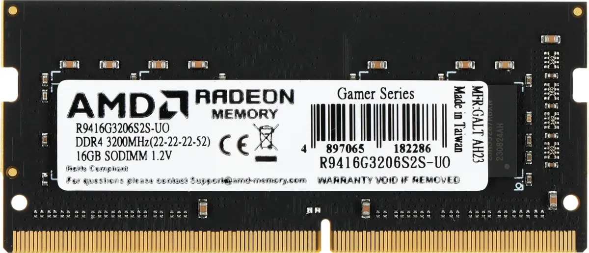 AMD Radeon R9 Gamer R9416G3206S2S-UO DDR4 16GB 3200MHz SODIMM — вид спереди, контакты и этикетка