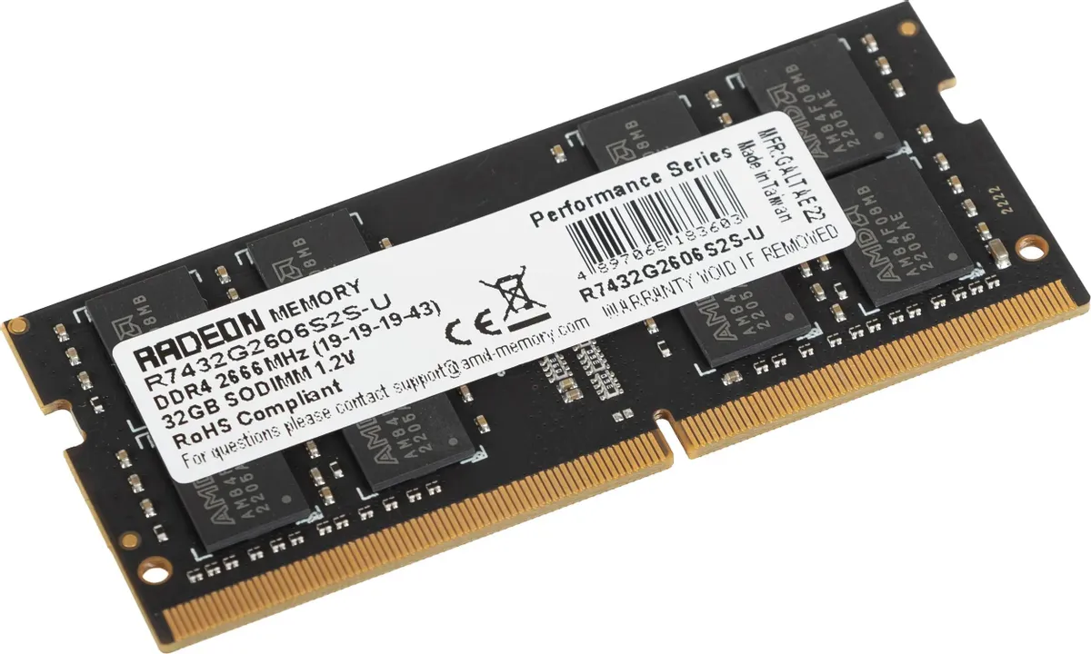 AMD Radeon R7 Performance Series Black SODIMM DDR4 — золотые контакты разъёма 260-пин, чёрная PCB