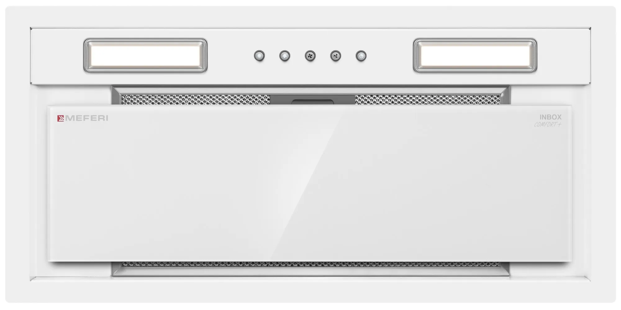 Meferi Inbox Comfort Plus 60WH встраиваемая вытяжка белый корпус вид спереди с металлической сеткой фильтра