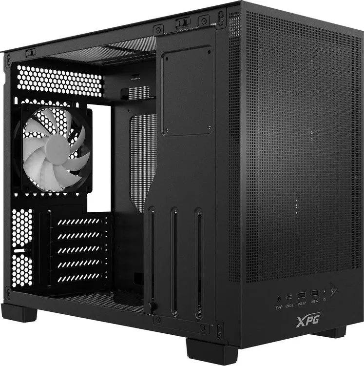 ADATA XPG VALOR MESH NANO открытая боковая панель — внутреннее пространство, вентилятор и отсеки для накопителей