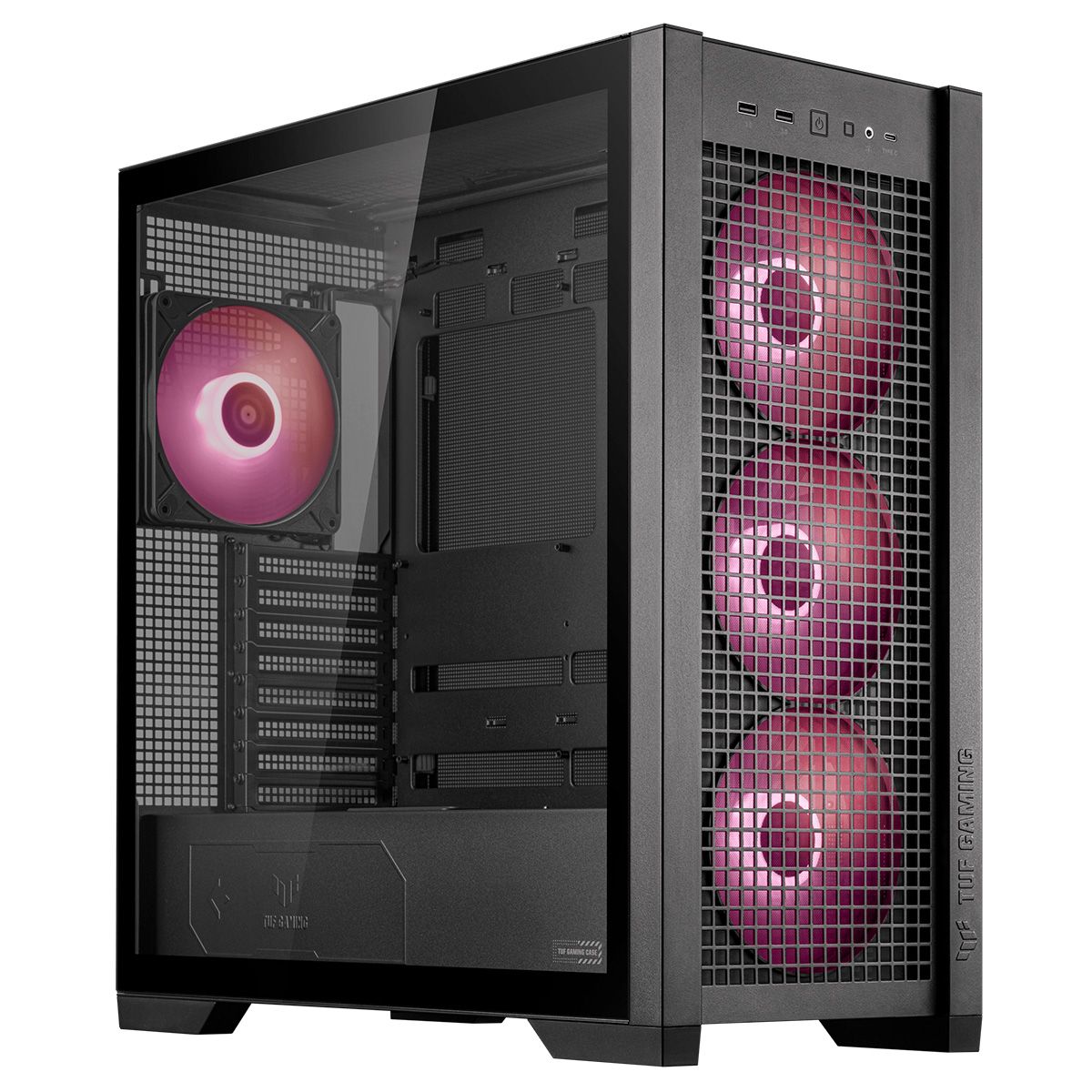 ASUS TUF Gaming GT302 ARGB вид спереди с прозрачной панелью и розовой ARGB-подсветкой вентиляторов