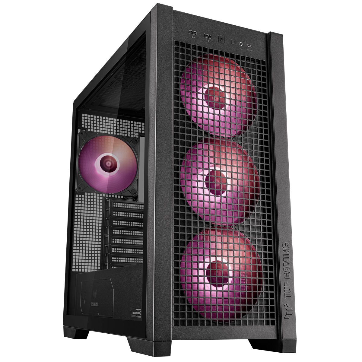 ASUS TUF Gaming GT302 ARGB вид сбоку с тремя ARGB-вентиляторами через сетчатую панель и надписью TUF GAMING