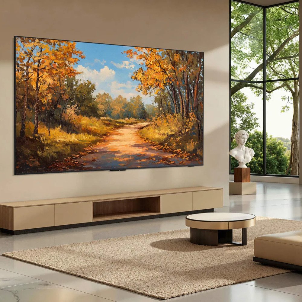 TCL 55A400 QLED 4K на подставке в интерьере гостиной, демонстрация цветопередачи