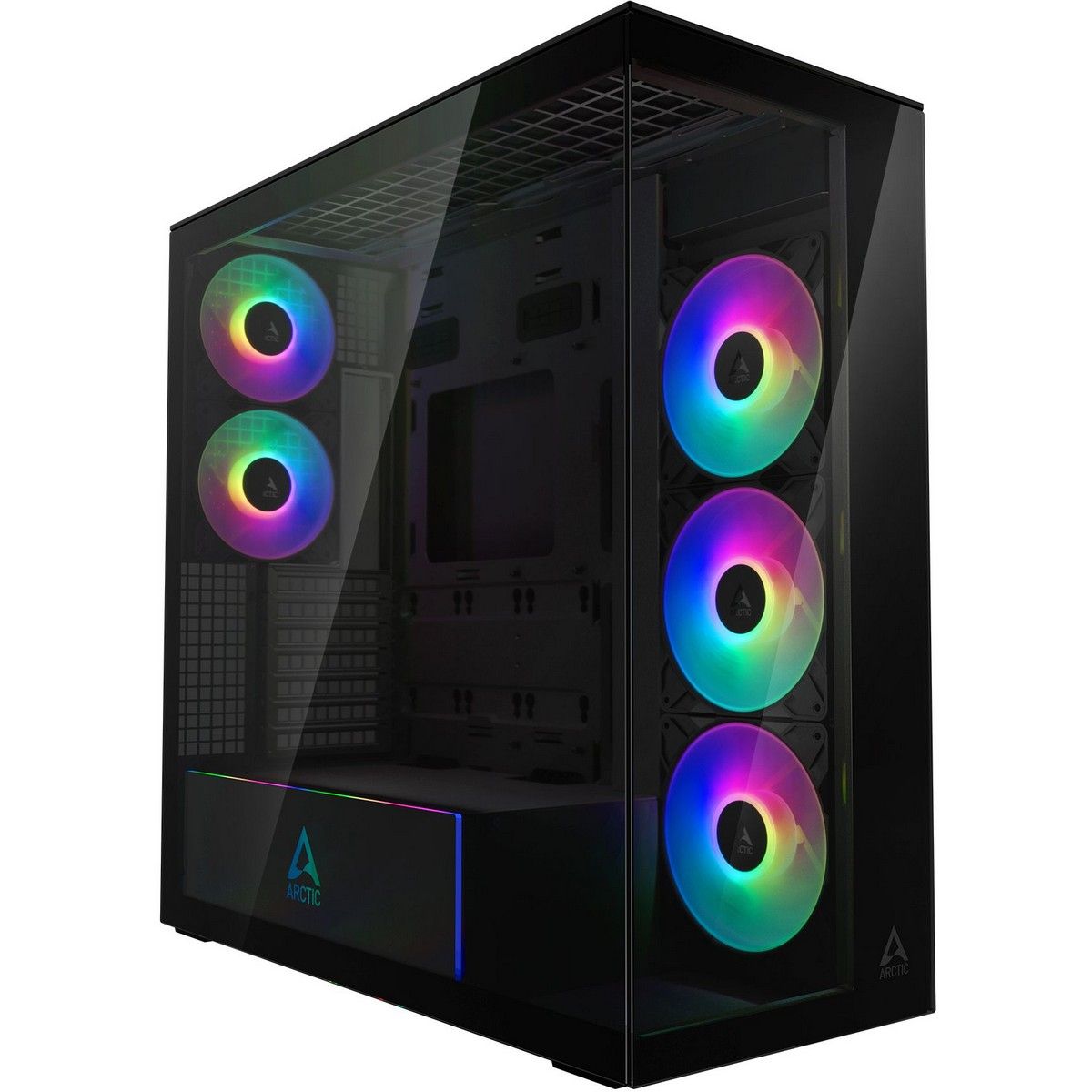 Arctic Xtender Mirror Black вид под углом 45 градусов с ARGB-подсветкой вентиляторов и закалённым стеклом