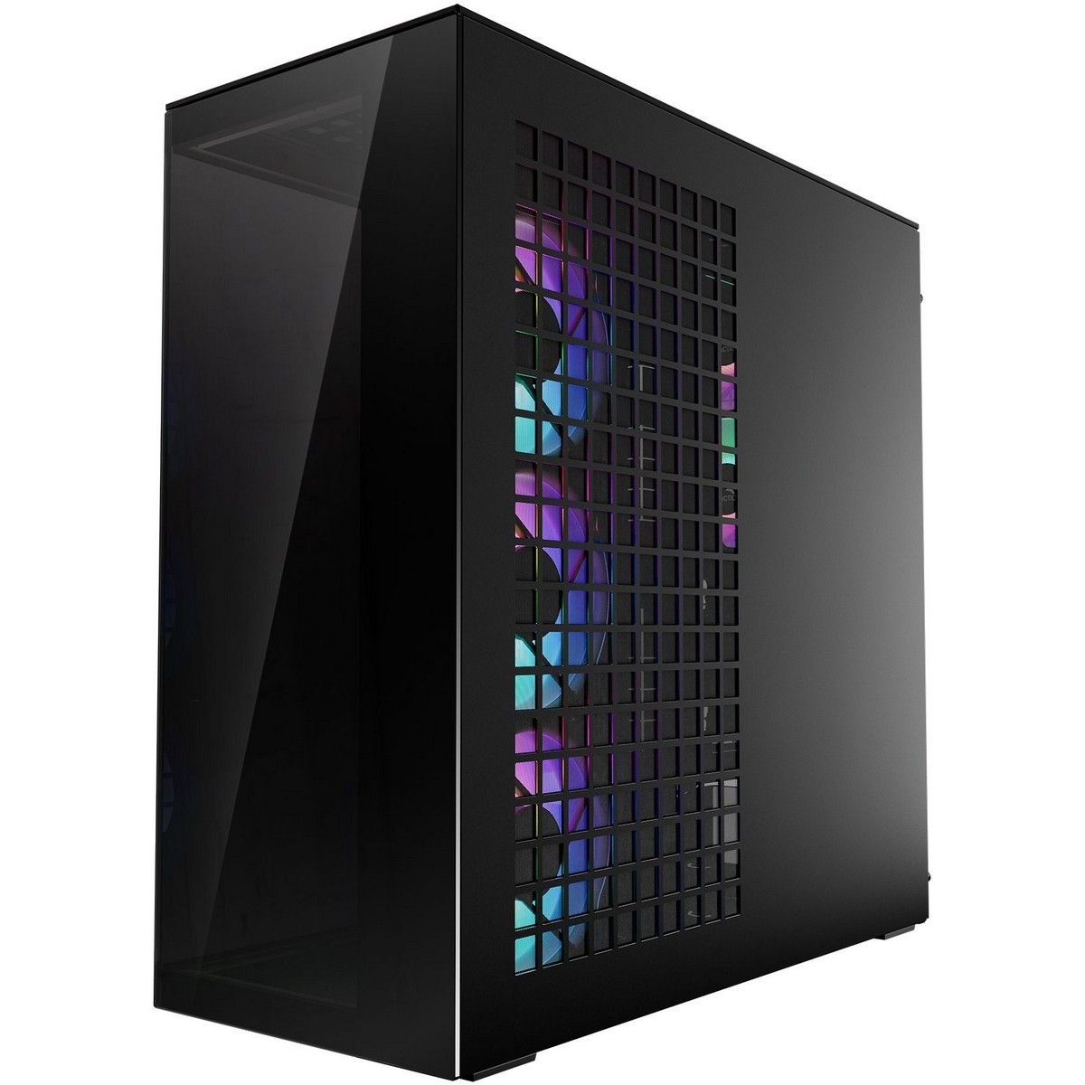 Arctic Xtender Mirror Black боковой профиль — закалённое стекло слева и вентиляционная сетка с ARGB-подсветкой справа