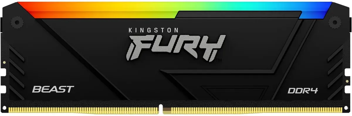 Kingston Fury KF426C16BB2A/32 DDR4 32 ГБ — вид спереди, чёрный радиатор с RGB-подсветкой
