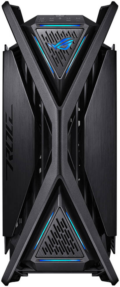 ASUS ROG Hyperion GR701 вид спереди полный профиль с голубой подсветкой и логотипом ROG
